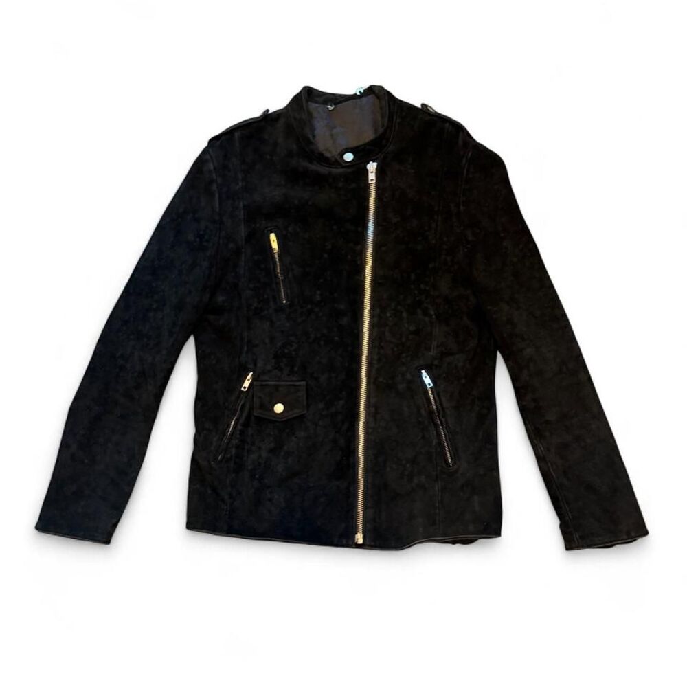 Black Suede Moto Biker Jacket Zip Front Lined — Size Unknown